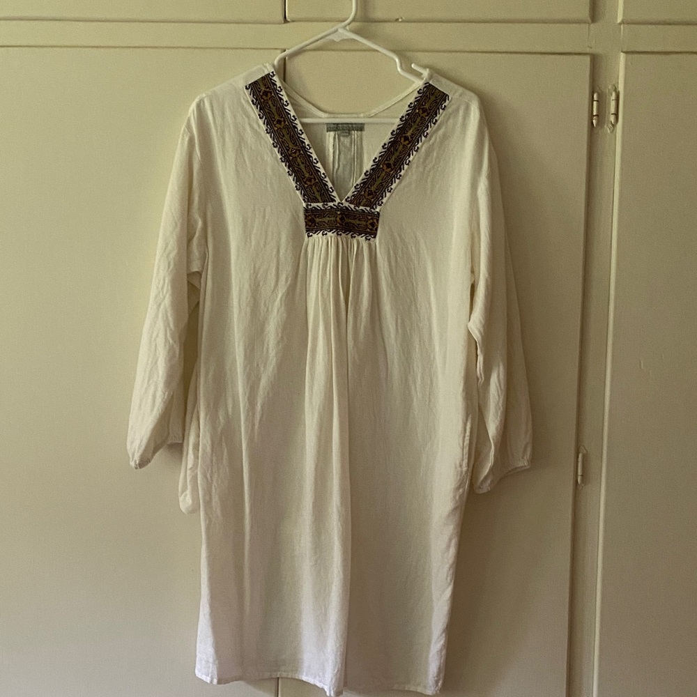 Cost Plus World Market Cream Dress with Blue & Brown Embroidery